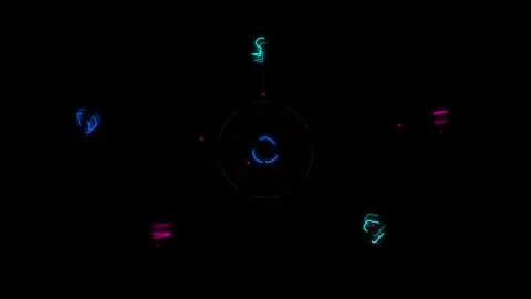 Neon holographic interface rotating with geometric shapes and data streams .. Stock Footage 345169285