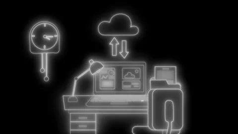 Neon home office with cloud sync animated, Neon-style Animation of a home o.. Stock Footage 334764038