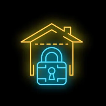 Neon home security system icon glowing on dark background Ilustración de archivo