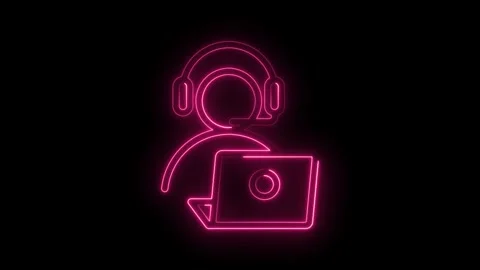 Neon hotline support agent working with laptop on black background animation Stock Footage 330777392