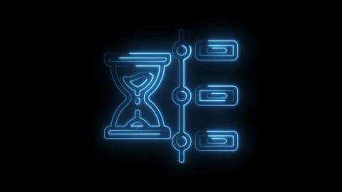Neon hourglass and timeline progress bars glowing blue on black background .. Stock Footage 346013662