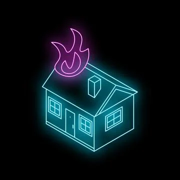 Neon house fire burning down building insurance concept Ilustración de archivo