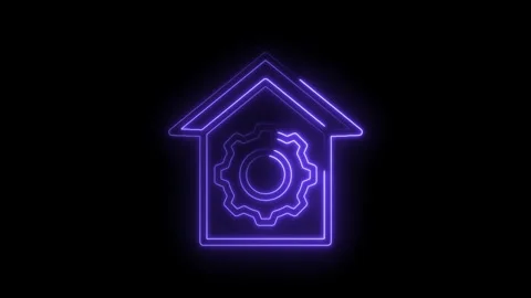 Neon house icon with gear inside glowing purple on black background representing Stock Footage 333969491