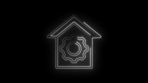 Neon house icon with gear inside representing smart home technology automation Stock Footage 333969496