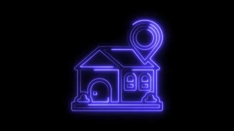 Neon house icon with location pin pointer glowing on black background animation 動画素材 322972749