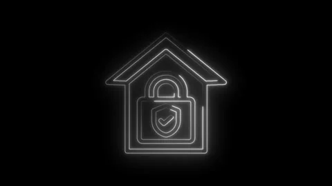 Neon house security icon with shield and lock glowing white on black background Stock Footage 333969315