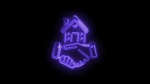 Neon house shake hand shape light effect on black background buying selling Stock Footage 322994290