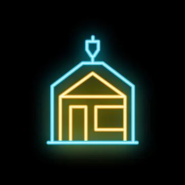 Neon house under construction with crane on black background Stock Illustration