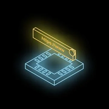 Neon https stamp leaving mark on microchip, symbol of secure web technology 库存插图