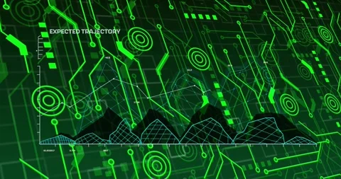 Neon HUD animating from pulsing traces, rising and trajectory plotting nodes, Stock Footage 328685538