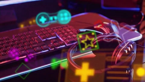 Neon HUD elements appearing and drifting over headset and keyboard, creating Stock Footage 335465661