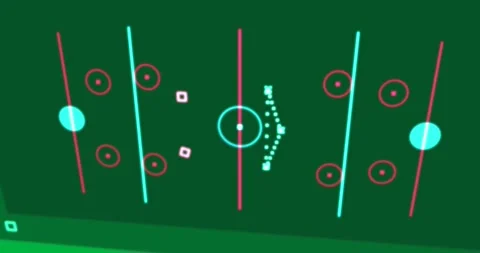 Neon HUD emerging from dark frame, sliding marks, forming dot-chain arrow for Stock Footage 329548571