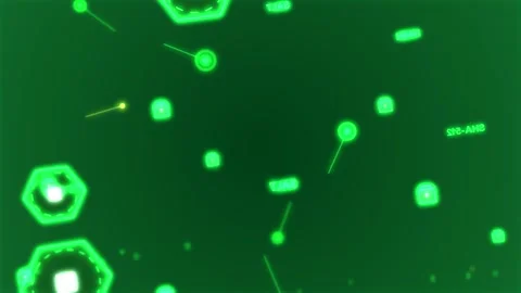 Neon HUD rotating, white scan line entering, nodes pulsing, yellow node moving Stock Footage 329503400