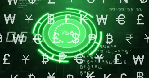 Neon HUD on start, pulsing, rotating, updating numbers, currency and code Video stock 329472626