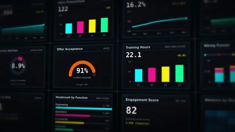 Neon HUD Workforce Metrics Dashboard Data Visualization Digital Analytics Stock Footage 342478600