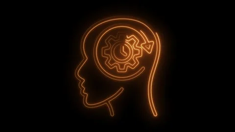 Neon human head with cogwheel clock represents productivity and time manage.. Stock Footage 309916488