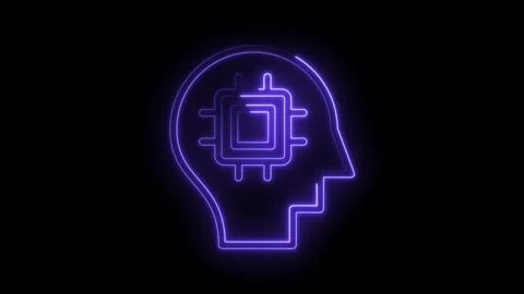 Neon human head with cpu inside glowing illustration on black background digital Stock Footage 322983345