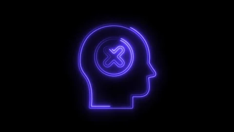 Neon human head with error symbol illustrating cognitive decline or mental .. Stock Footage 308606226