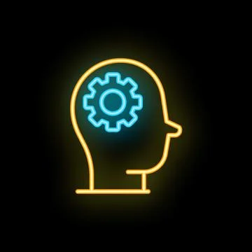 Neon human head with gear representing thinking process, problem solving and  스톡 일러스트