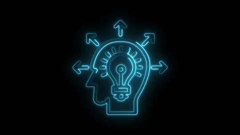 Neon human head with light bulb brainstorming creative thinking process Stock Footage 322975360