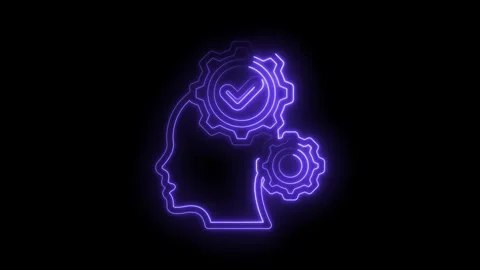 Neon human head profile with gears and check mark concept of intelligence Stock Footage 330778176