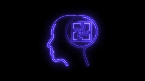Neon human head profile with puzzle forming inside brain concept Stock Footage 308605736