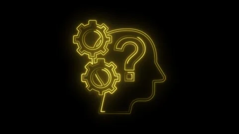 Neon human head with question mark and gears rotating depicts thinking and .. Video stock 312320029