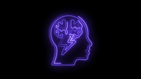 Neon human head silhouette with brain and lightning bolt inside glowing purple Stock Footage 333954524