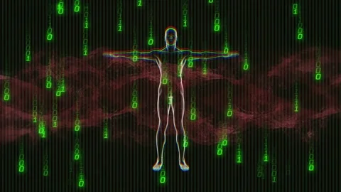 Neon humanoid outline rotating through profiles after data pulse, binary rain Stock Footage 329787930