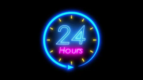 Neon icon 24 hours animated icon open 12 ,24,48,72 hours shop bar 4k loopin.. Stock Footage 308265988