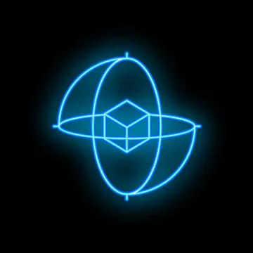 Neon icon of 3d modeling software showing a cube rotating on axis Ilustração Stock
