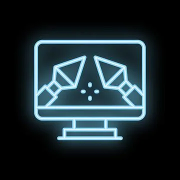 Neon icon of 3d modeling software showing two cameras focusing on object Stock Illustration