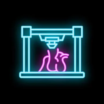 Neon icon of 3d printer creating anatomical heart model Stock Illustration