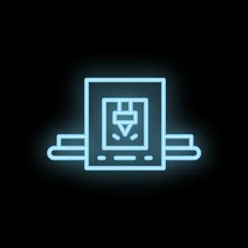 Neon icon of a 3d printer printing a cube using plastic filament Stock Illustration