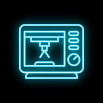 Neon icon of a 3d printer printing a prototype object Stock Illustration