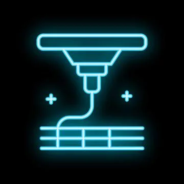 Neon icon of 3d printer printing object layer by layer Stock Illustration