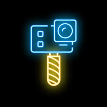 Neon icon of action camera with monopod grip glowing on black background Stock Illustration