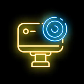 Neon icon of action camera recording video with blue and yellow lights Stock Illustration