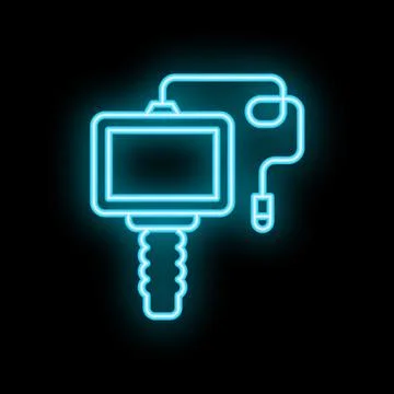 Neon icon of an action camera with a remote control on black background Stock Illustration