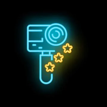 Neon icon of action camera with stars for video blogging or extreme shooting Stock Illustration