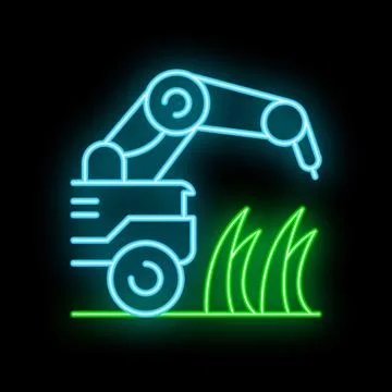 Neon icon of agricultural robot working with plants on farmland Stock Illustration