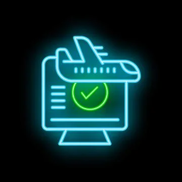 Neon icon of airplane taking off from computer screen for online flight booki Stock Illustration