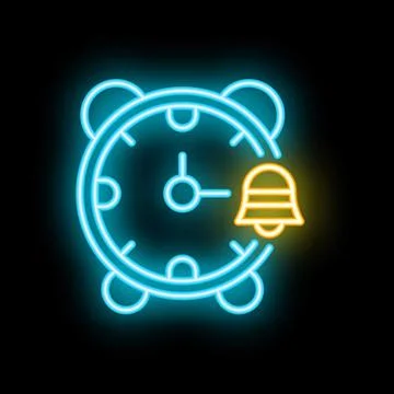 Neon icon of an alarm clock ringing in the dark Stock Illustration