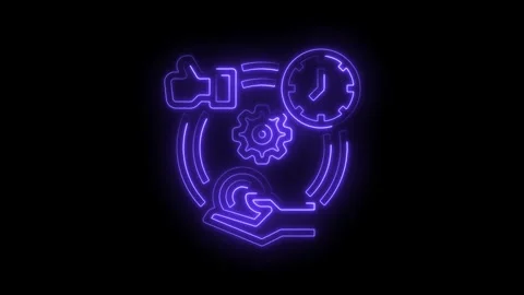 Neon icon animation featuring time efficiency gears process optimizing and .. Stock Footage 309910169