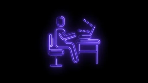 Neon icon animation of person working at desk with laptop on dark background Stock Footage 330779207