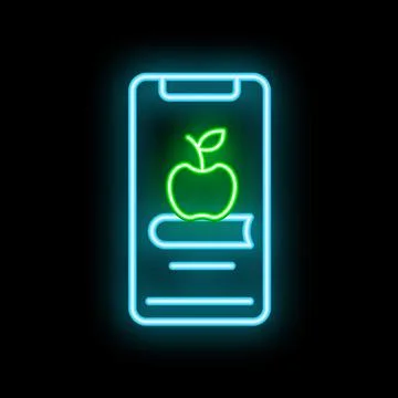 Neon icon of apple on book displayed on smartphone for online education Stock Illustration