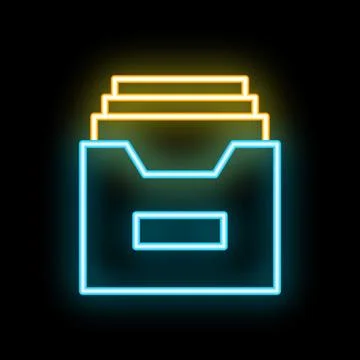 Neon icon of an archive box glowing blue and yellow on a black background Stock Illustration
