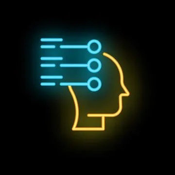 Neon icon of artificial intelligence showing data flowing into a human head Illustrazione stock