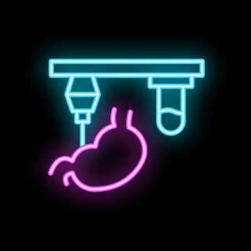 Neon icon of artificial nutrition process with stomach and infusion bottle Stock Illustration