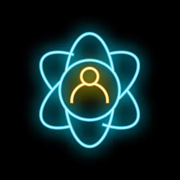 Neon icon of atom model with human silhouette representing science and tech.. 스톡 일러스트